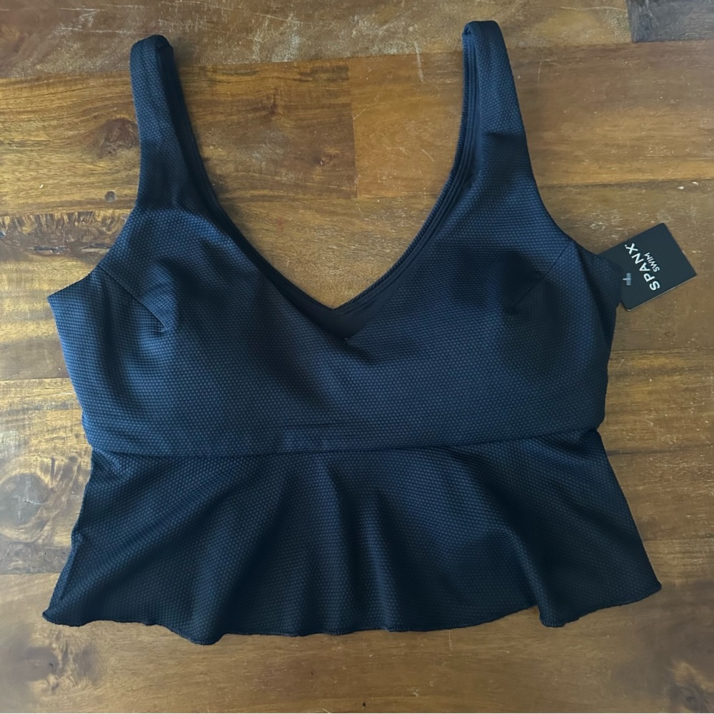 Spanx Pique longline flounce‎ Black Textured Peplum Swim Top ladies M NWT